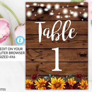 Rustic Sunflower Table Numbers, Printable Table Numbers, Editable Table Numbers, Sunflower, Rustic, Country Wedding, Table Numbers Printable
