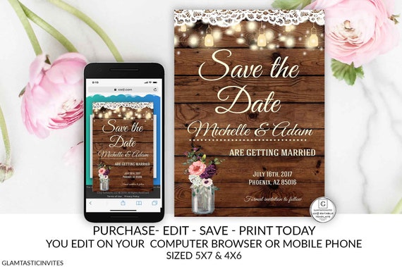 Rustic Plum Burgundy Coral Off White Floral Mason Jar Save the Date Editable Printable Country Electronic Online Template Wood Text Cheap Il_570xn
