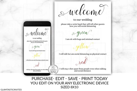 Social Distancing Wristband Sign, Editable Printable Wedding Sign, Wedding Template, Instant Download, Wedding Social Distancing Sign, DIY Il_570xn