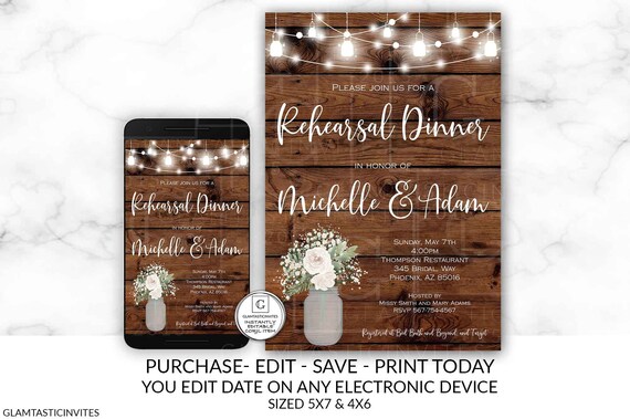Rustic Rehearsal Dinner Invitation Template Editable Printable Instant Download YOU EDIT Boho White Rose, Rehearsal Dinner Invitation Il_570xn