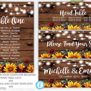 Sunflower Rustic Wedding Table Numbers Seating Chart Horizontal Vertical Editable Printable Wedding, Wedding, Table Numbers, Seating Chart