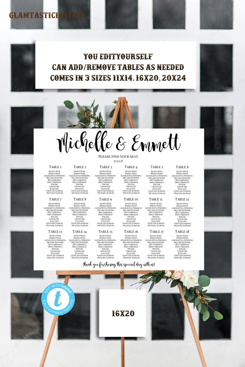 Wedding Seating Chart Template, Personalized Wedding Seating Chart, Script Wedding Seating Chart, YOU EDIT, Seating Chart Template, Template image 2