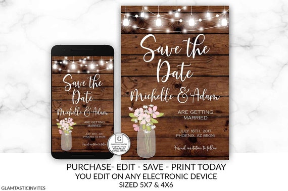 Rustic Save-The-Dates, Printable Rustic Save the Date Template, Save the Date, Rustic Wedding, Pink Lilies, Printable Save the Date Template Il_570xn