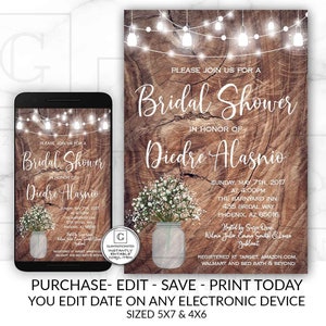 Rustic Mason Jar Babys Breath Bridal Shower Invitation Bridal Brunch Invitation Template Editable Printable Online Electronic DIY Invitation image 9