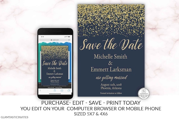 Navy Blue and Gold Save the Date Printable Card Editable Template Online Cheap DIY Wedding Save the Date Electronic Textable Elegant Modern Il_570xn