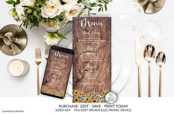 Sunflower Wedding Menu, Rustic Wedding Menu Template, Editable Wedding Printable, Instant Download, Wood Background Menu, Dinner Party Menu Il_570xn