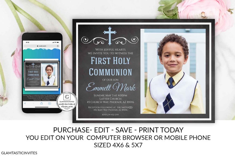 First Communion Invitation Boy, Boy First Communion Invitation Baptism Online Blue Invitation Printable You Edit DIY, Edit, Chalkboard Back image 10