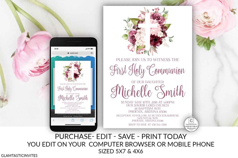 Girl First Holy Communion Invitation Floral 1st Communion Invitation Template Communion Invitation Template Burgundy Printable Invitation image 1