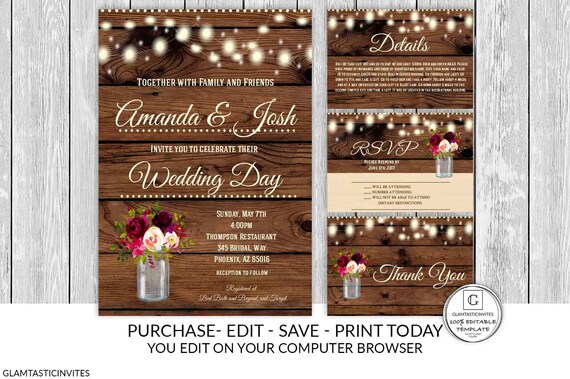 Rustic Boho Burgundy Country Western Wedding Invitation Wedding
