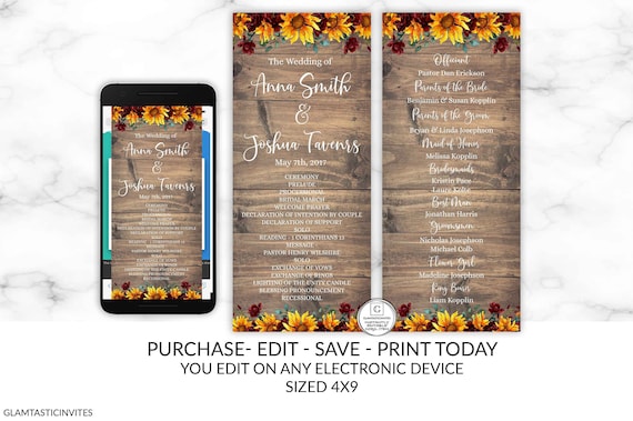 Rustic Wedding Ceremony Program Template Sunflower Editable