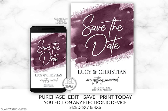Plum Burgundy Save-The-Dates, Printable Save the Date Template, Save the Date, Watercolor Wedding, Bohemian, Elegant Save our Date Card Il_570xn