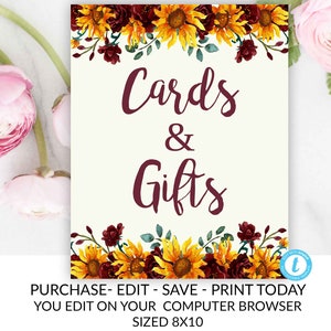 Sunflower Rustic Cards and Gifts Sign Template Editable Printable Boho Fall Autumn Burgundy Merlot You Edit Any Event Personalization Custom