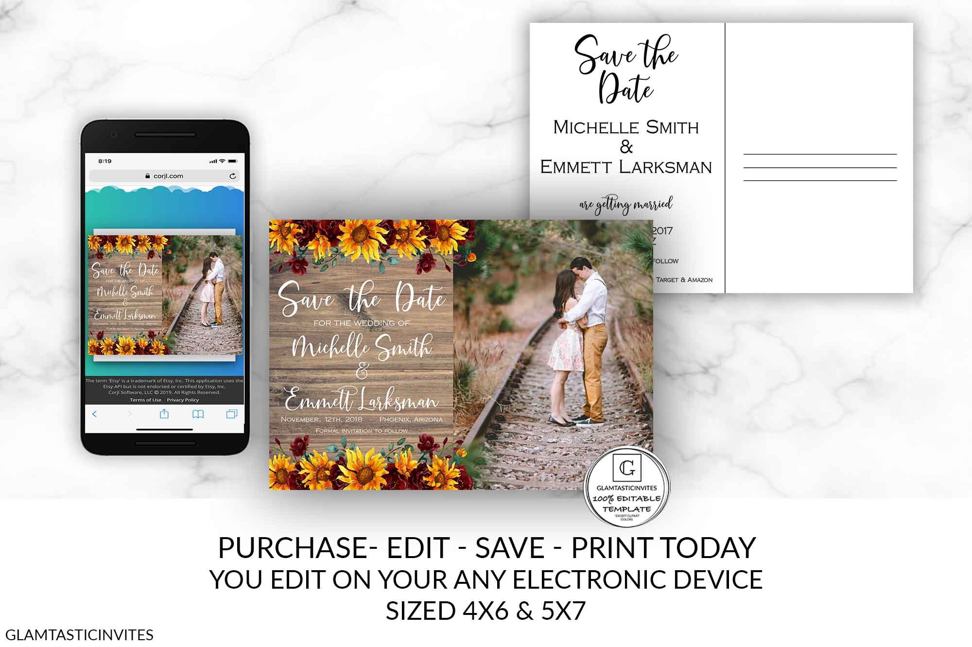 Editable Sunflower Save the Date Printable Rustic Save the | Etsy