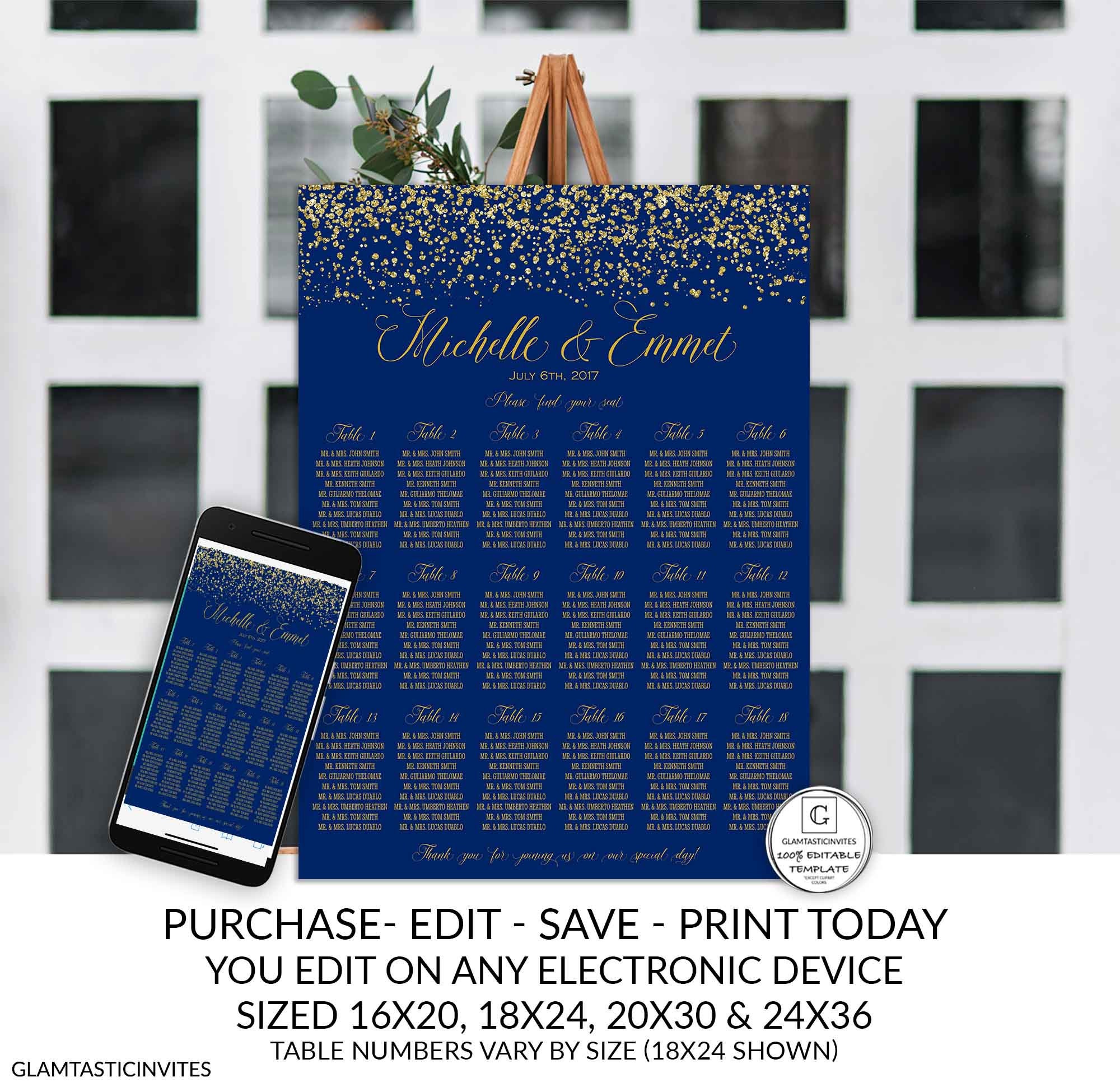Royal Blue and Gold Wedding Seating Chart Sign Template DIY - Etsy