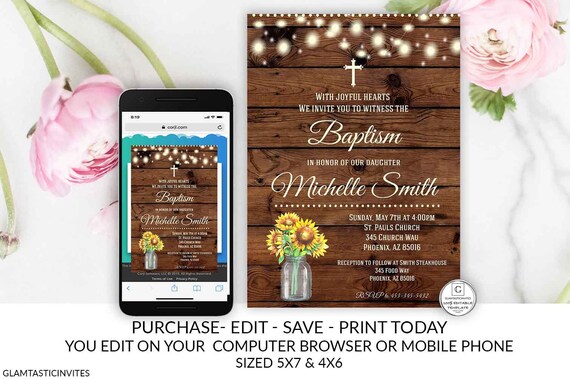 Rustic Baptism Invitation, Baptism Invitation Printable, Girl Baptism Template, Printable Baptism Invitation, YOU EDIT, Sunflower, Girl, DIY Il_570xn