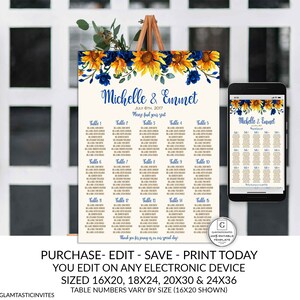 Cobalt Blue Sunflower Wedding Seating Chart Sign Template Editable Printable Cheap DIY Wedding Decor Rustic Country EDIT YOURSELF Sunflowers image 10