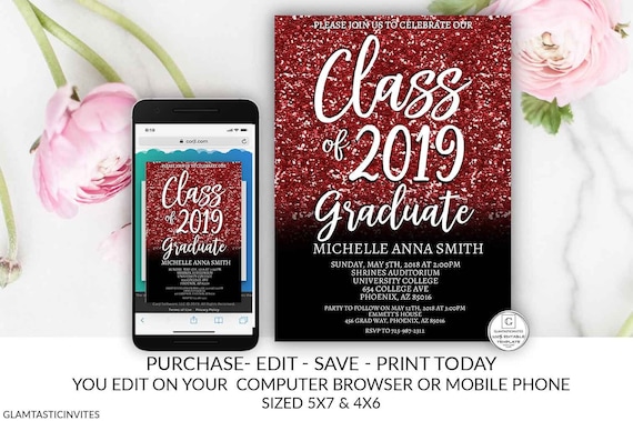 Red Black Graduation Invitation Editable Printable Glitter Class Of High School College Masters Graduation Electronic Cheap Online Invite By Glamtasticinvites Catch My Party