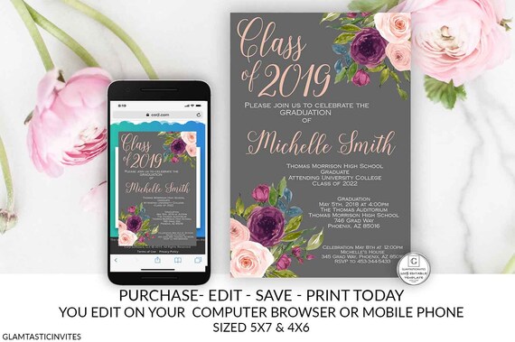 Floral Graduation Invitation Gray Peach Boho Graduation Class of Editable Printable Electronic Online Girl High School College Announcement Il_570xn