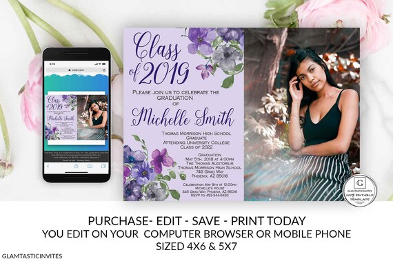 Lavender Boho Graduation Invitation Editable Printable Glitter Class Of High School College Masters Graduation Electronic Cheap Online DIY Il_570xn