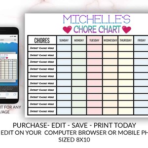 Editable Girl Chore Chart Schedule Printable Template You Edit Yourself ...