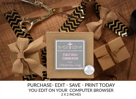 Pink Gray Rustic First Communion Thank You Tag Girl First Communion Tag Label First Communion Invitation Printable You Edit, DIY Edit Grey Il_570xn