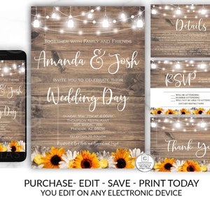White Daisy Sunflower Wedding Invitation, Printable Rustic Wedding, DIY Wedding, Mason Jar invitation, Country Farmhouse, Sunflower Template image 8