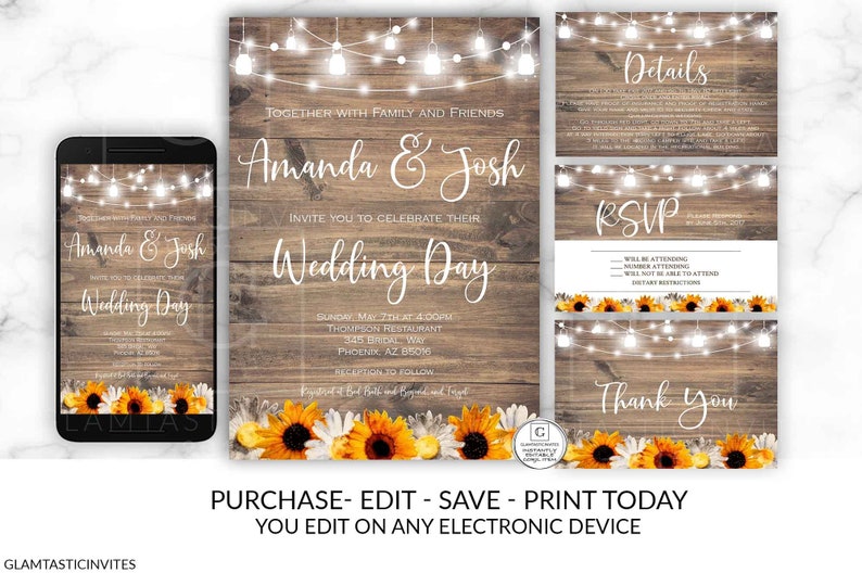 White Daisy Sunflower Wedding Invitation, Printable Rustic Wedding, DIY Wedding, Mason Jar invitation, Country Farmhouse, Sunflower Template image 8