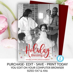 Holiday Blessings Christmas Family Photo Card, Family Holiday Card Merry Christmas Country Editable Printable, Christian Christmas Card, DIY