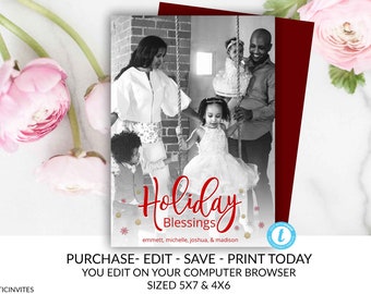 Holiday Blessings Christmas Family Photo Card, Family Holiday Card Merry Christmas Country Editable Printable, Christian Christmas Card, DIY