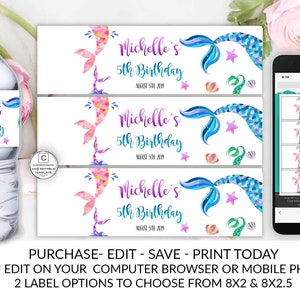 Mermaid Birthday Water Bottle Labels Editable Printable Girl Mermaid Birthday Party Template Online Electronic Cheap DIY Birthday Seashell image 9