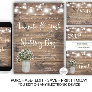 Printable Rustic Wedding Invitation, Country Wedding Invitation, DIY Instant Download, Wedding Invitation Suite, Wedding Invitation Template image 8