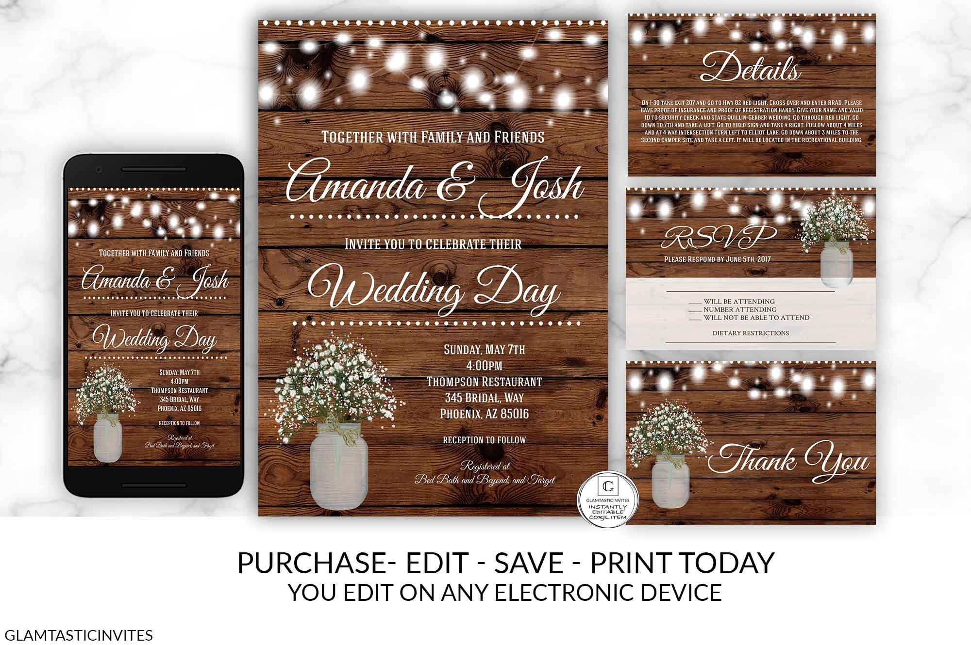 editable-printable-wedding-invitation-template-suite-set-wood-mason-jar-babies-breathe-floral-flower-boho-country-instant-download-template-etsy
