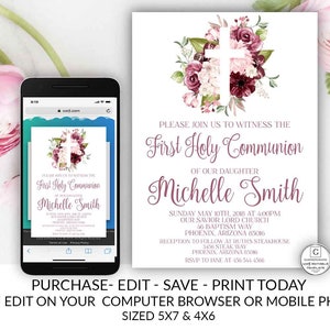 Girl First Holy Communion Invitation Floral 1st Communion Invitation Template Communion Invitation Template Burgundy Printable Invitation image 10