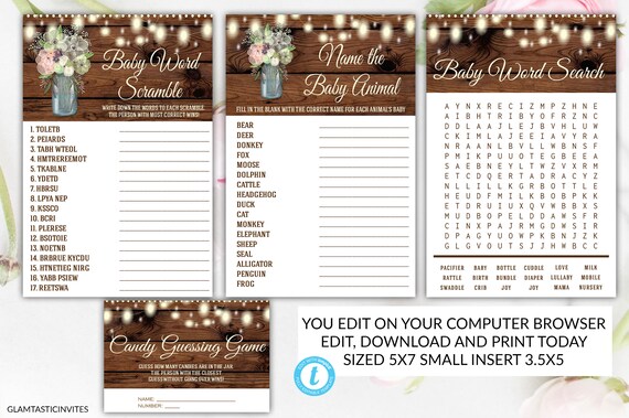 Rustic Mason Jar Baby Shower Game Bundle Editable Printable Etsy Rustic Mason Jar Baby Shower Game Bundle Editable Printable Etsy