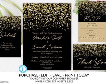 Black and Gold Wedding Invitation Template, Gold Glitter, Gold Wedding Invitation, Wedding Invitation Suite Template, Diamonds, You Edit