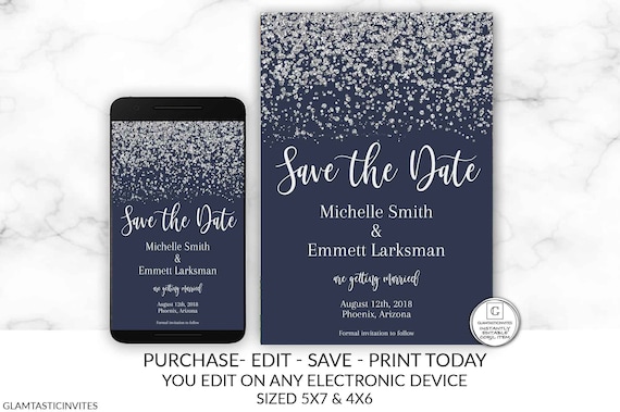 Navy Blue Silver Glitter Save the Date Card Save the Date Template Editable Printable Elegant Electronic DIY Cheap Save Date Save our Date Il_570xn