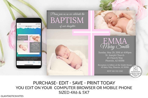 Pink Gray Girl Baptism Invitation Rustic Baptism Invitation Template Printable Editable Online Electronic DIY Cheap Invite First Communion Il_570xn