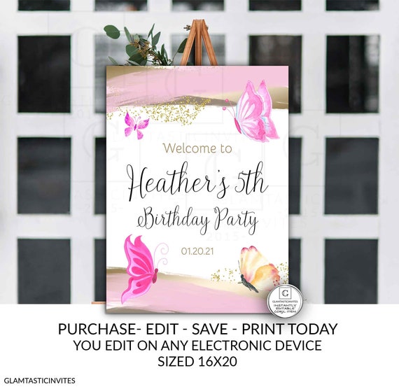 Butterfly Birthday Welcome Sign Pink Gold Butterfly Butterflies Birthday Party Sign Template Editable Electronic Online DIY Cheap, Welcome Il_570xn