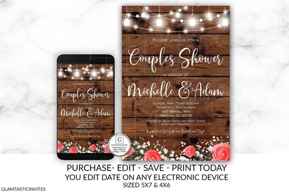 Rose Rustic Couples Shower Invitation Country Couples Shower Invite Editable Printable Electronic Western Online DIY Cheap Wedding Shower Il_570xn