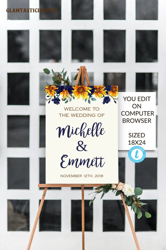Sunflower Navy Blue Boho Rustic Wedding Welcome Sign Template