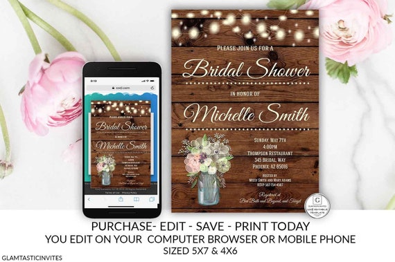 Rustic Bridal Shower Invitation Boho Mason Jar Country Bridal