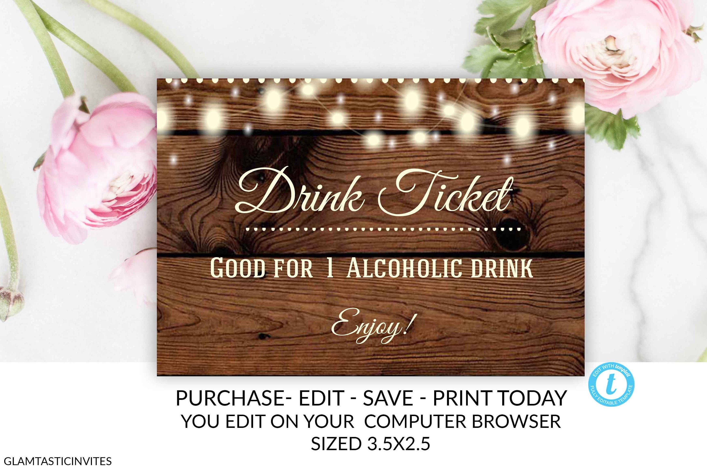 Drink Ticket Template Rustic Drink ticket Alcoholic Drink Etsy