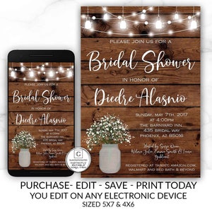 Baby's Breath Mason Jar Bridal Shower Invitation, Rustic Country Bridal ...