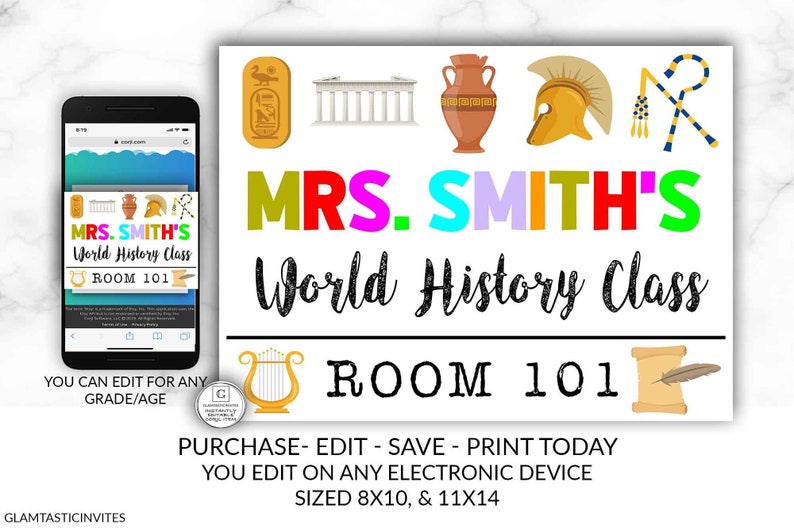 World History Teacher Classroom Sign Template Instant Download Editable Printable Chalkboard YOU EDIT Classroom Cheap Teacher Door Sign DIY image 1