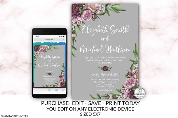 Mauve Gray Peony Wedding Invitation Template Editable Printable Online Electronic Textable Cheap DIY Wedding Elegant Rustic Vintage Greenery Il_570xn