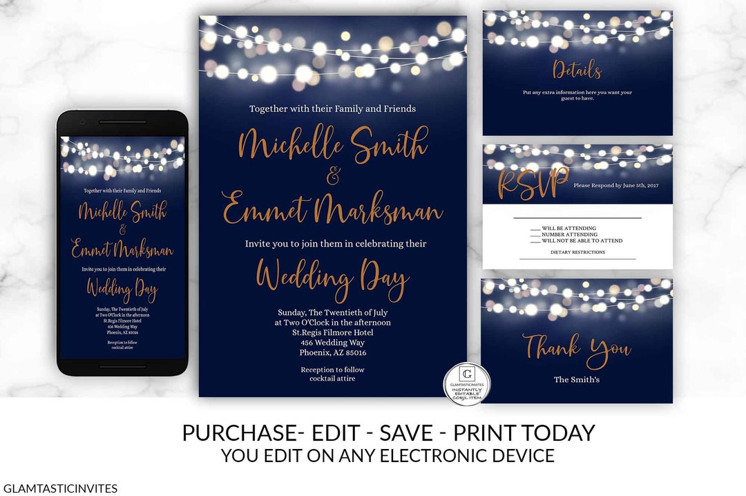 Printable Wedding Invitation, Navy Blue Bokeh Wedding Invitation ...