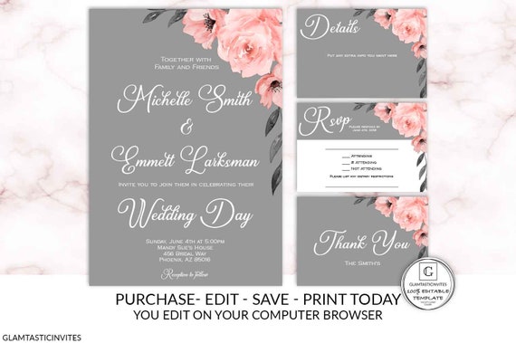 Coral Gray Grey Floral Wedding Invitation Package Set Kit Editable