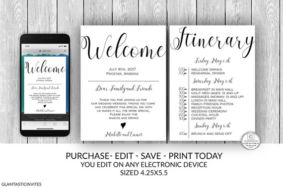Wedding Welcome Note Itinerary Template, Wedding Printable, Wedding Timeline, Weekend Events, Schedule of Events, Instant Download, Welcome Il_570xn