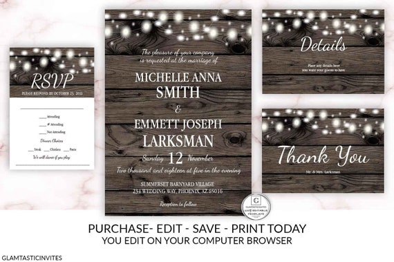 Wedding Invitation Template Suite Rustic Wedding Invitation