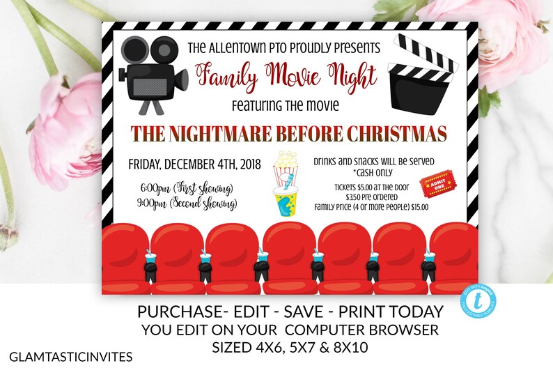 Family Movie Night Invitation Flyer Template, PTO, PTA, Movie Night, Church Fundraiser, Christmas Night Movie, Editable, Printable, School image 1